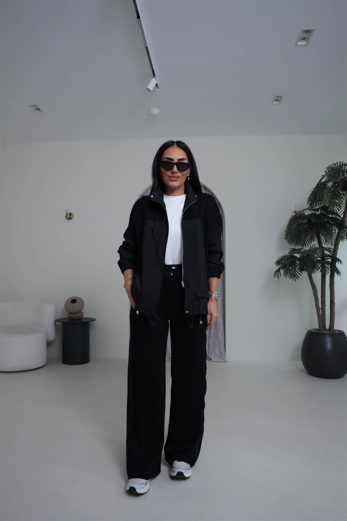 3601 Fermuarlı Büzgülü Paraşüt Garnili Takım SİYAH