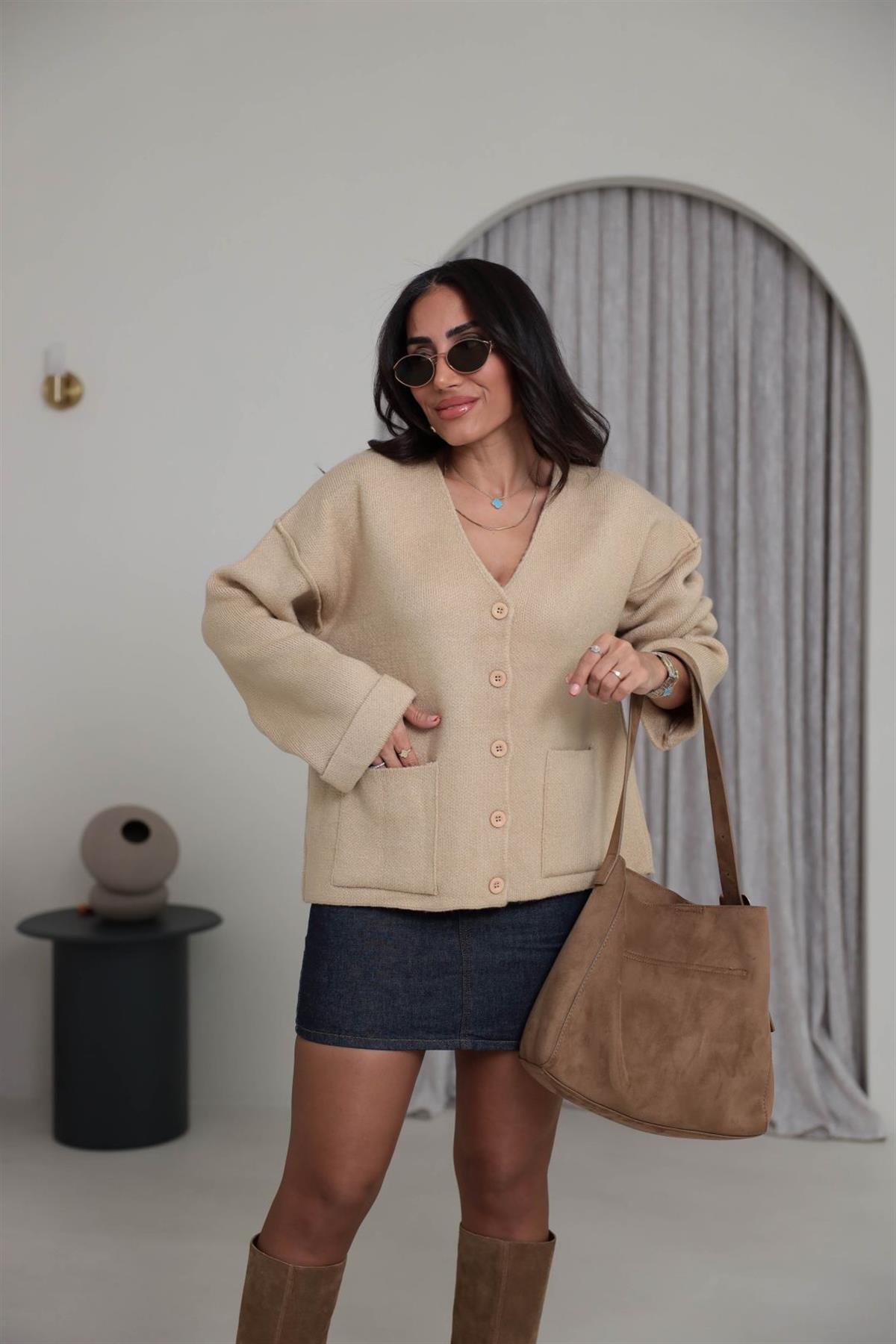 5231 Cepli Ters Dikiş Detaylı Hırka CAMEL