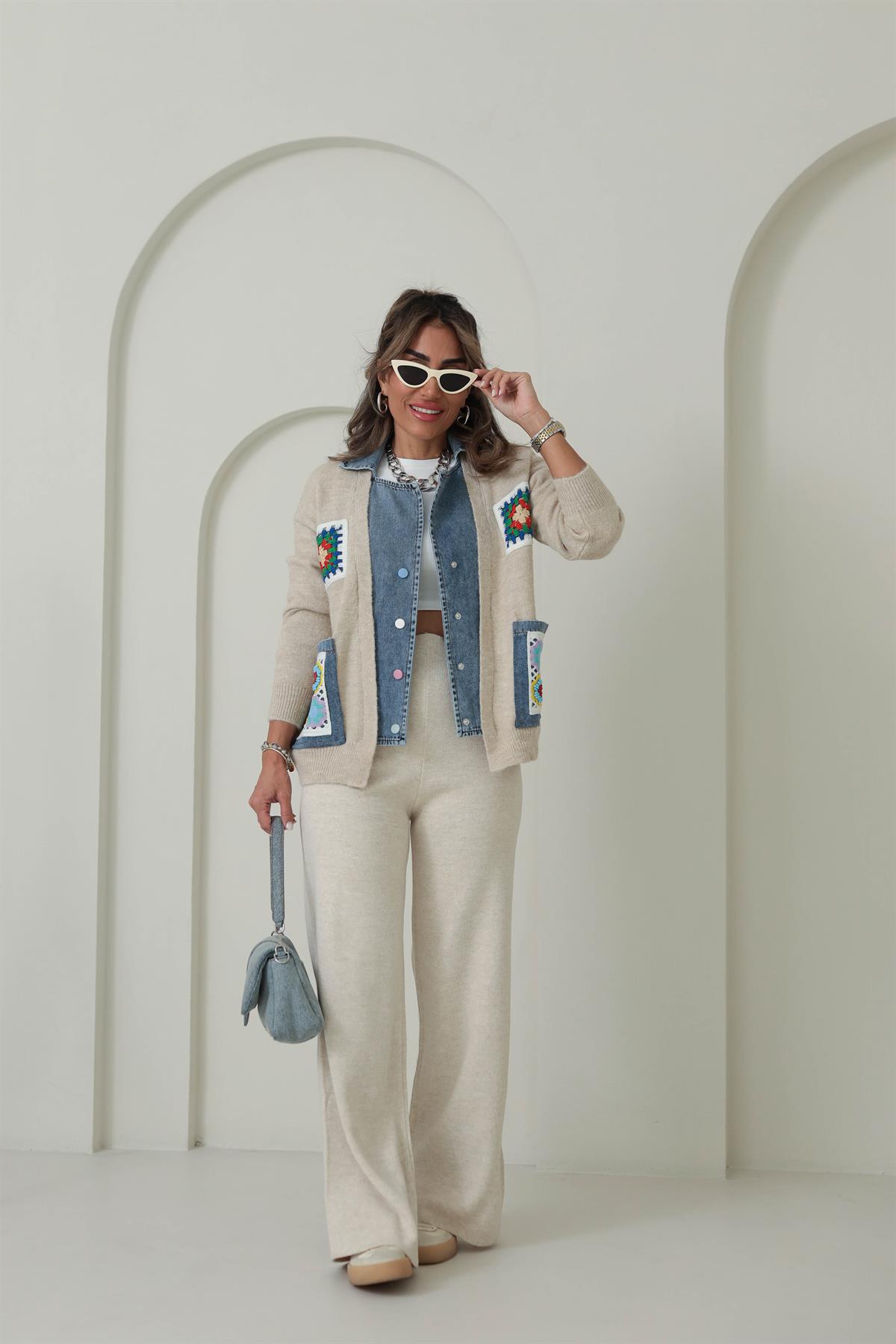 4616 Kot Mixli Nakış İşlemeli Triko Hırka