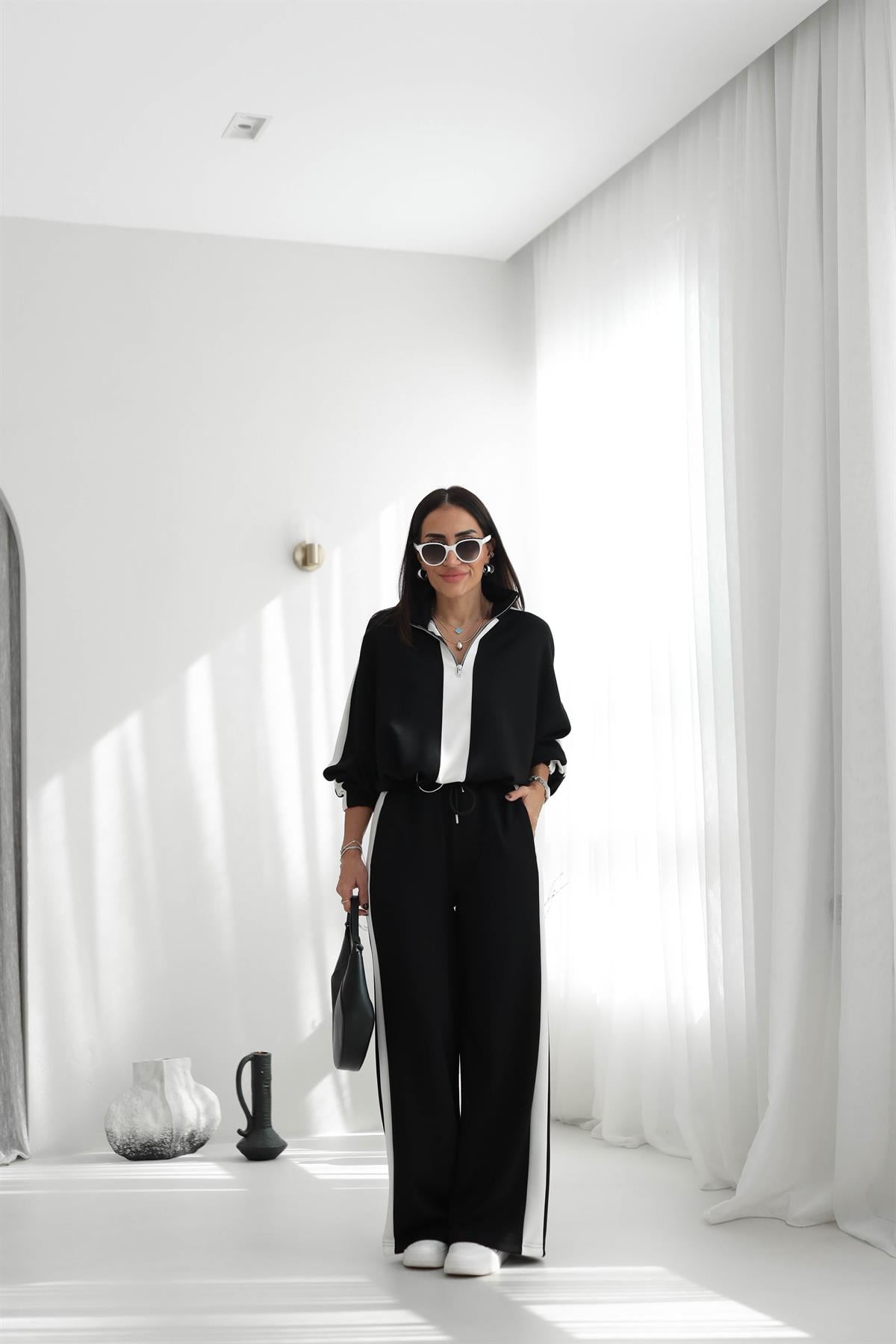 5704 Şerit Detaylı Modal Takım SİYAH