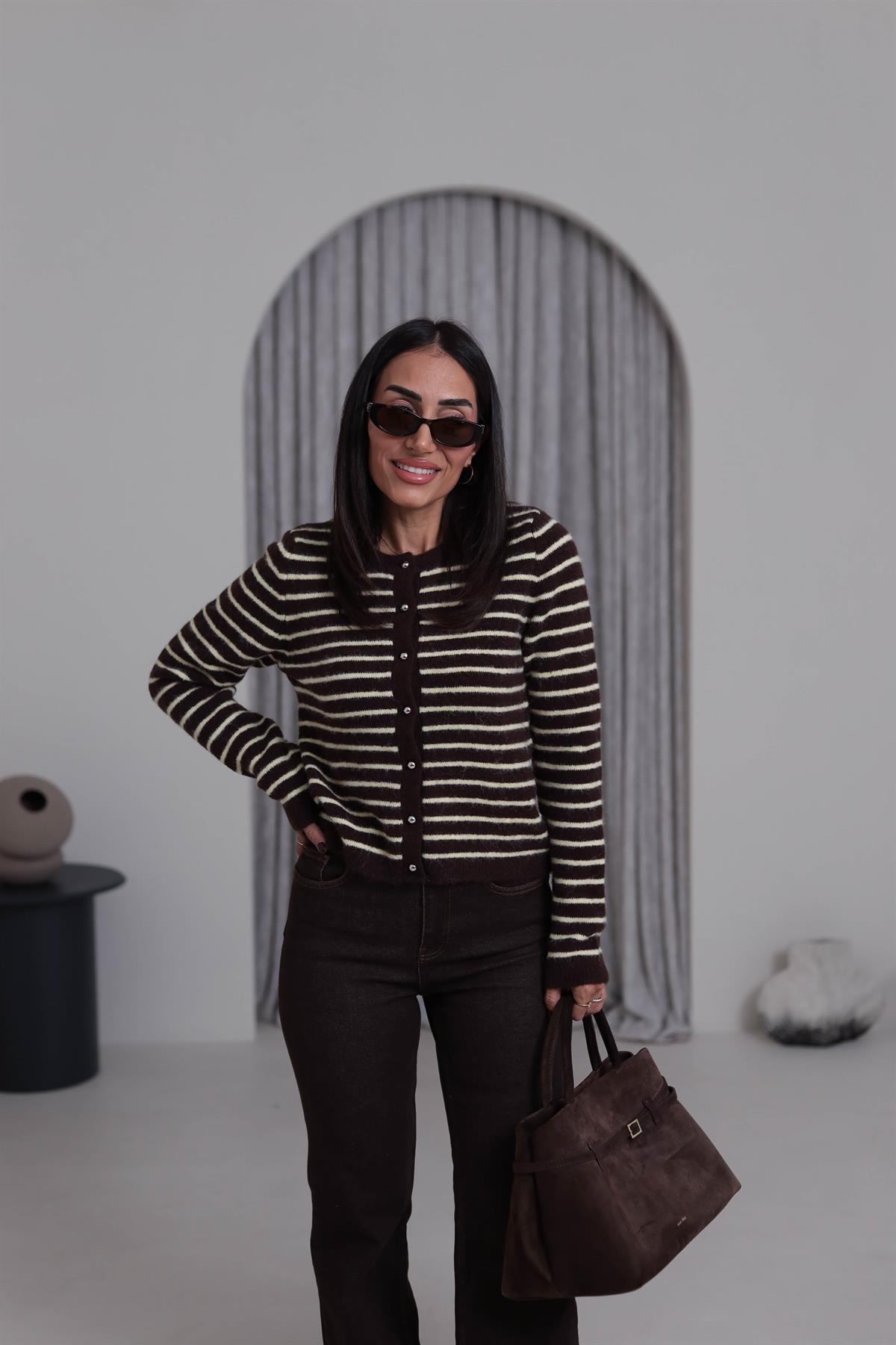 4870 Çizgili Şardonlu Bisiklet Yaka Hırka KAHVE