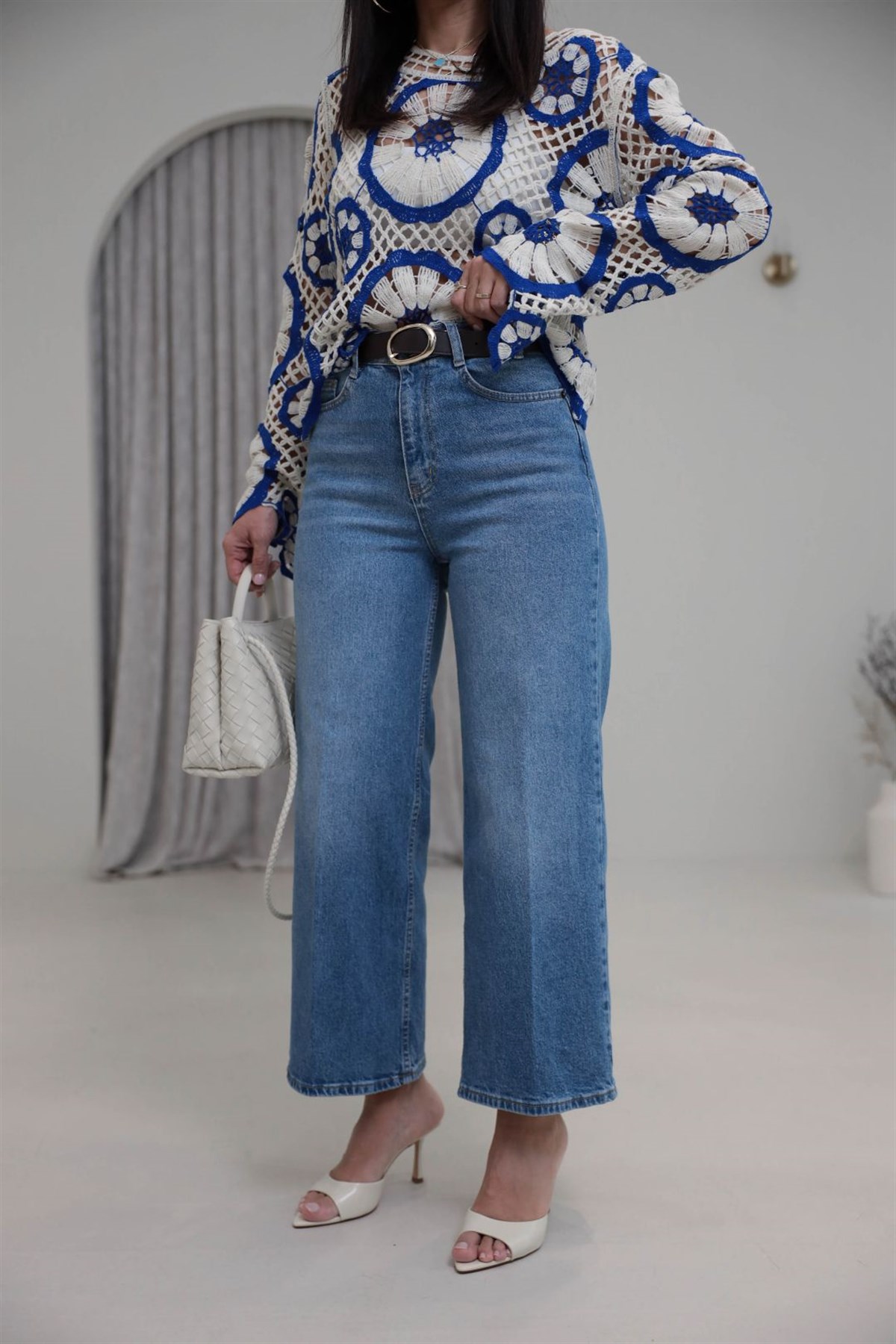 Kemerli Yüksek Bel Culotte Jean MAVİ