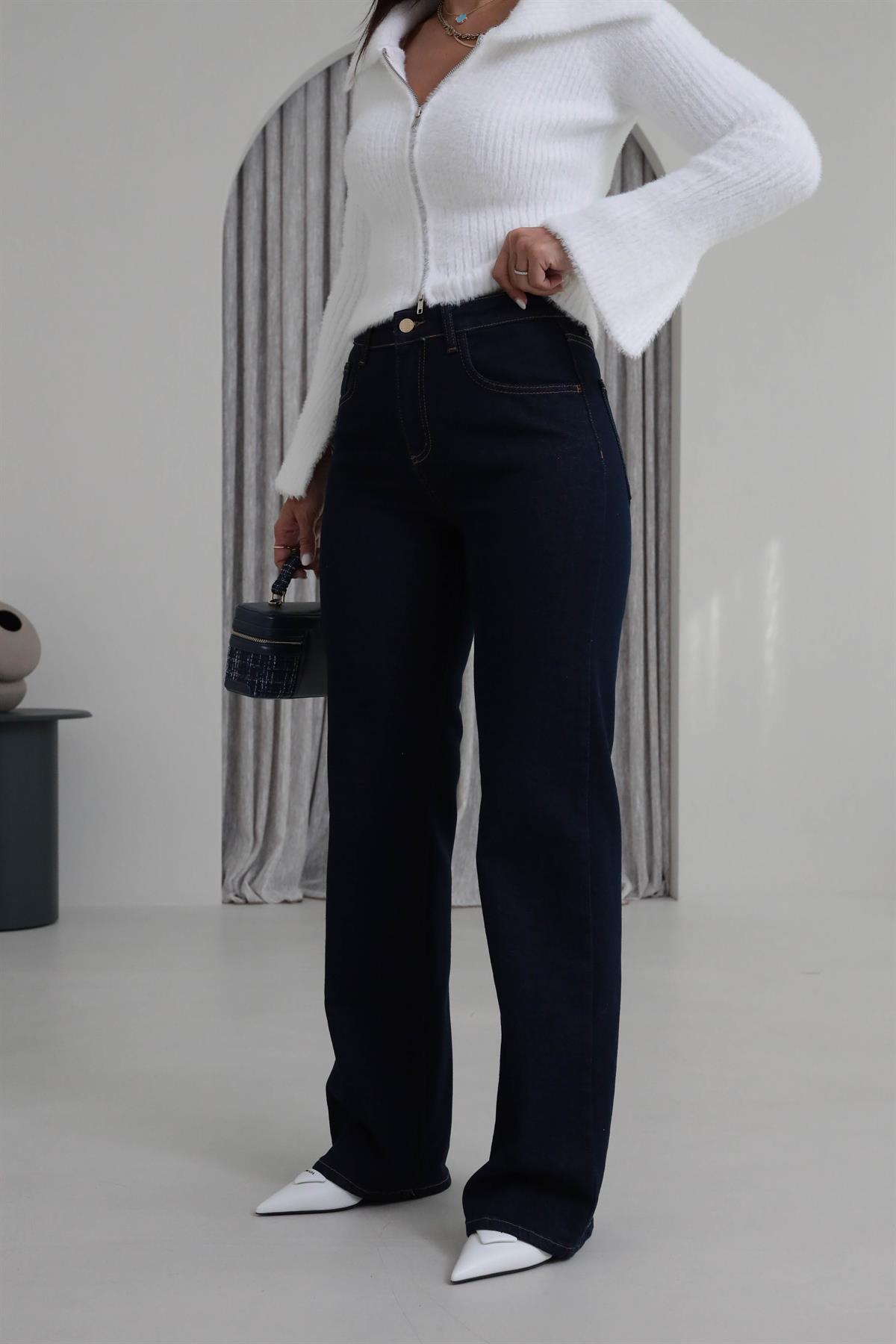 D835 Yüksek Bel Likralı Wide Leg Jean LACİVERT