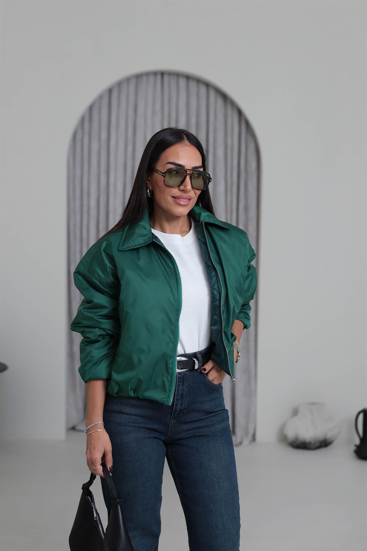 5871 Önden Fermuarlı İçi Kapitone İnce Mont KOYU YEŞİL