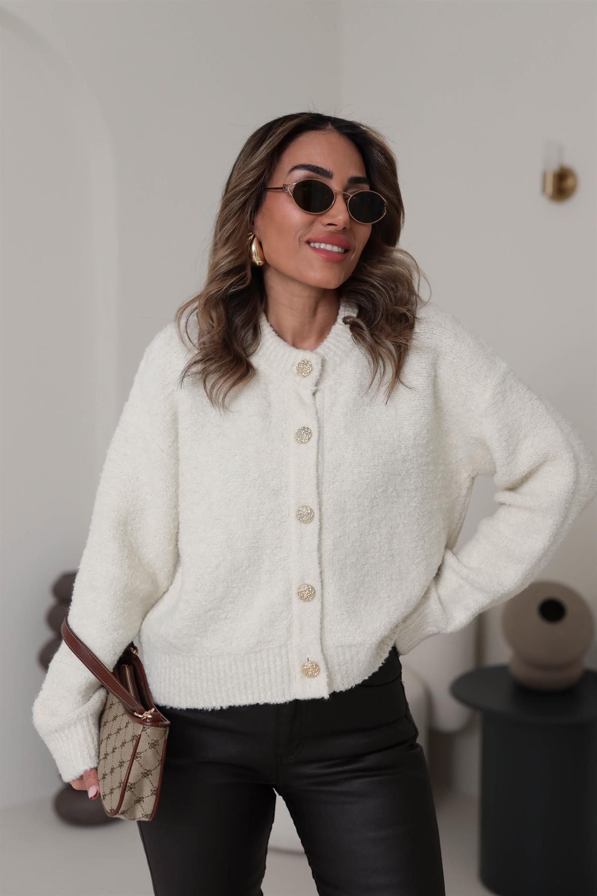 60276 V Yaka Düğmeli Buklet Triko Hırka EKRU