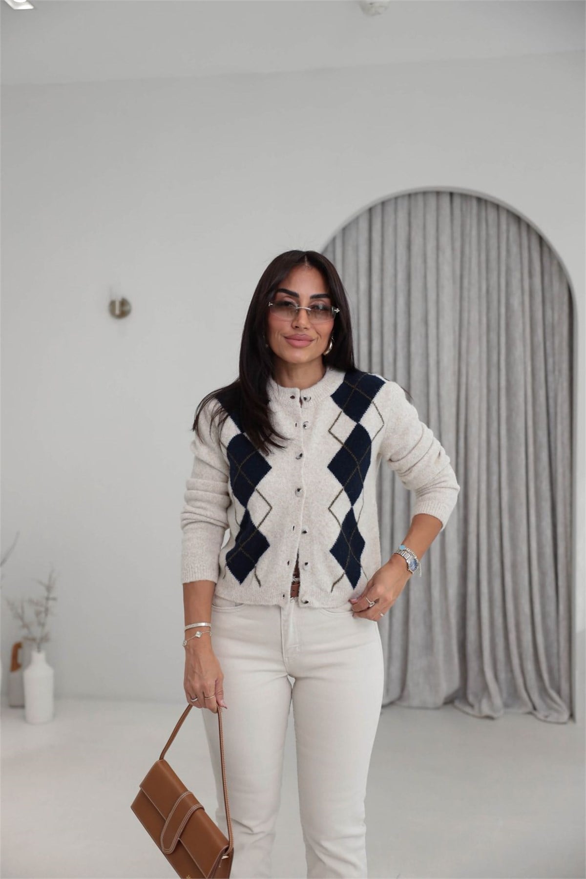 5145 Kare Desenli Triko Hırka TAŞ