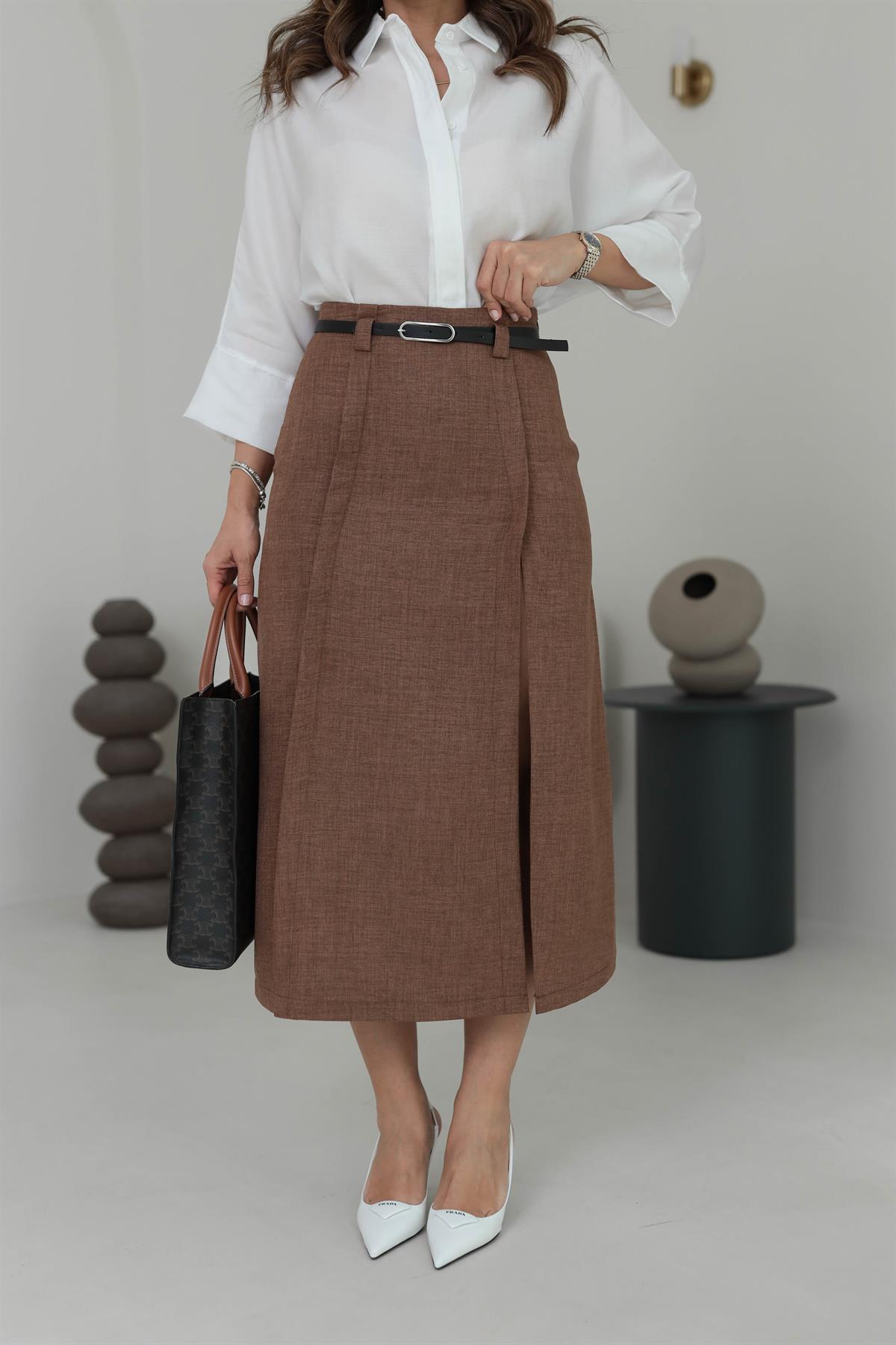 0268 Yırtmaç Detaylı Kemerli Midi Boy Etek KAHVE