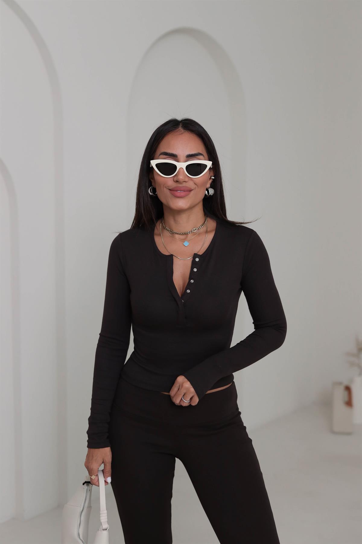 1442 Uzun Kollu Çıtçıt Düğmeli Bluz ACI KAHVE