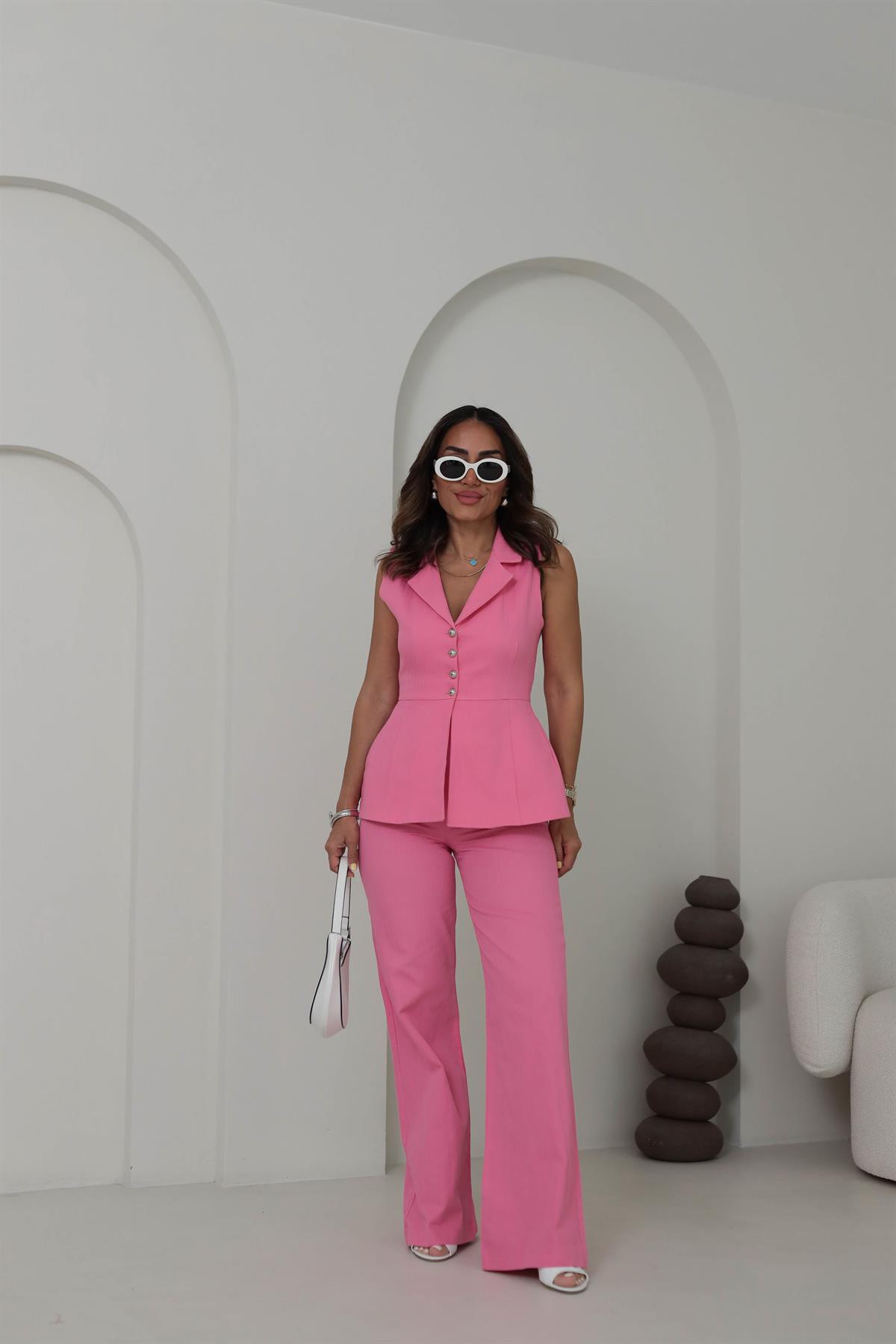 9206 Yıkamalı Keten Yelekli Takım PEMBE