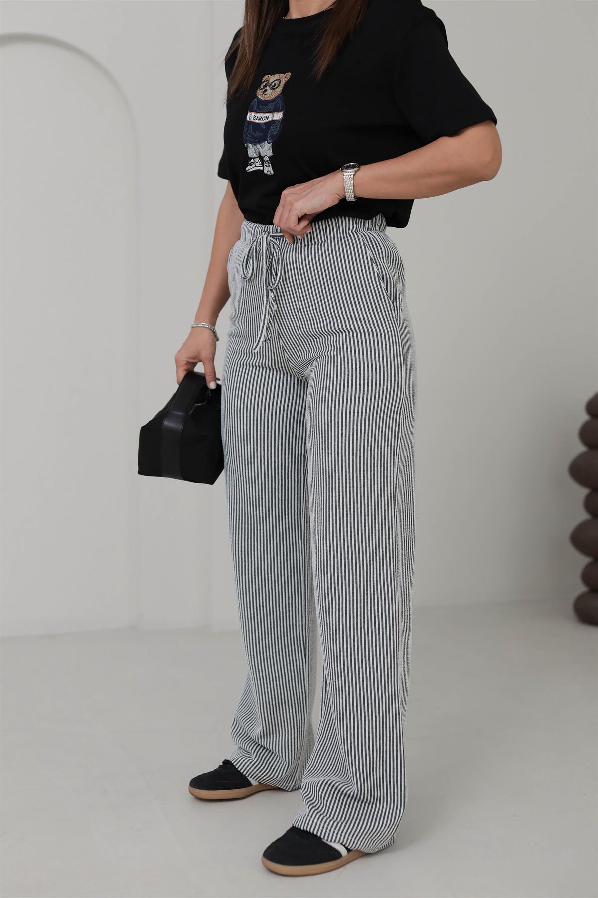 0146 Çizgili Rahat Pantolon SİYAH