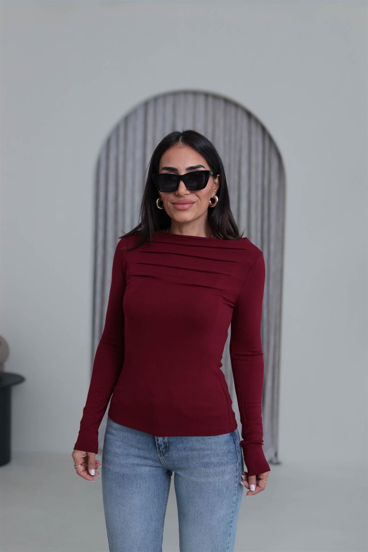 6504 Önü Pileli Viskon Bluz BORDO