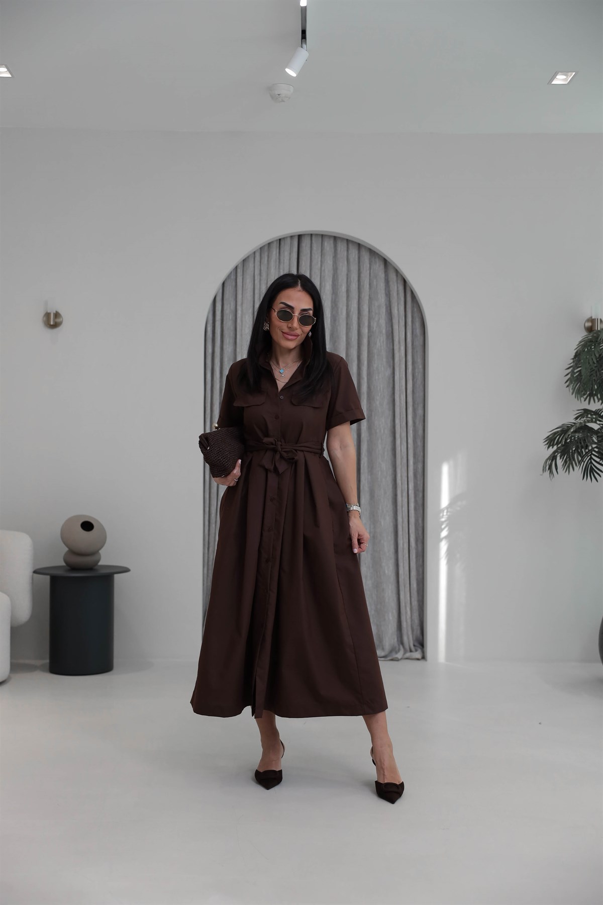 0165 Cep Kapaklı Kuşaklı Kısa Kol Kloş Elbise ACI KAHVE