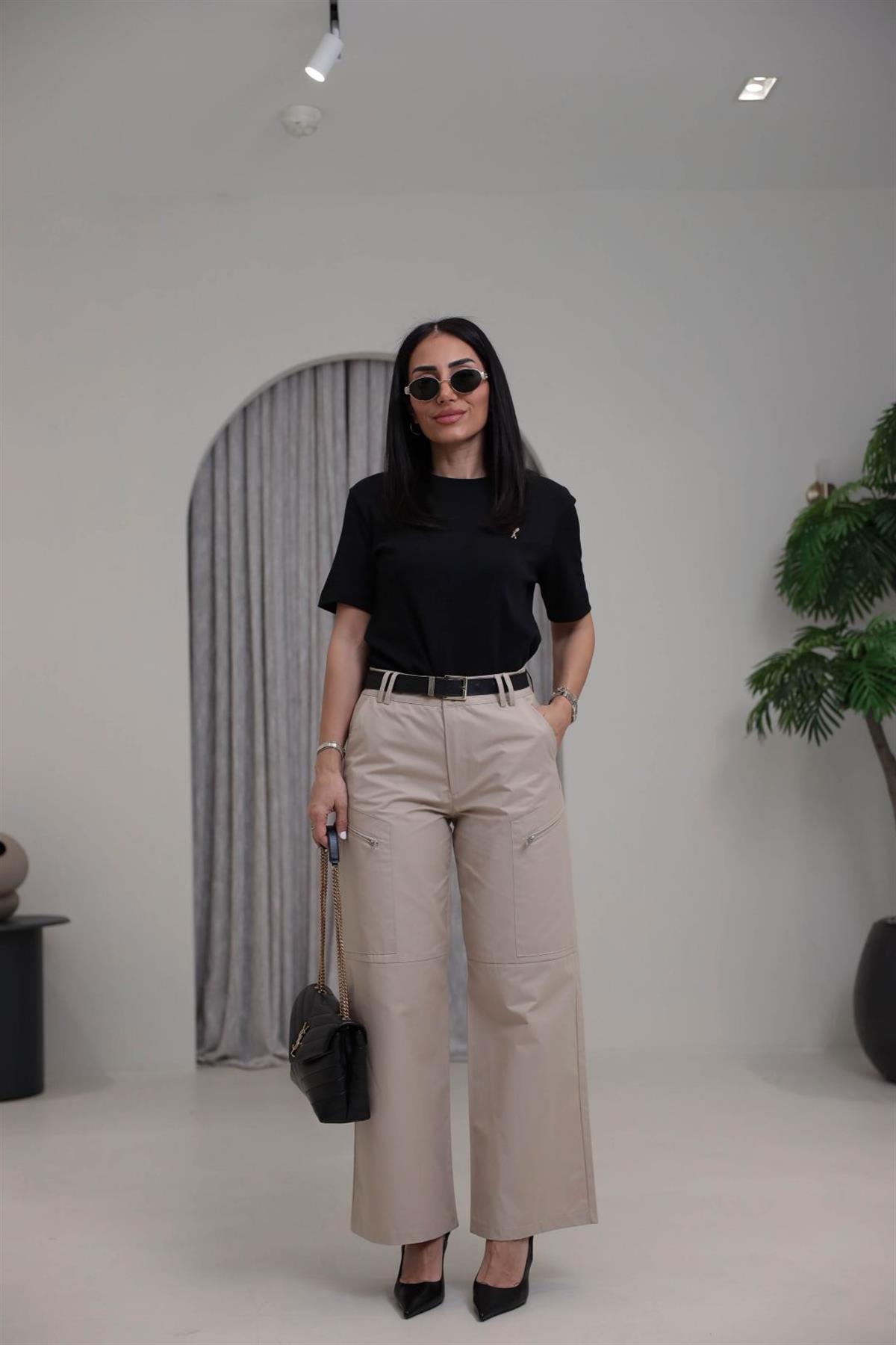 Geniş Paça Fermuar Cepli Kargo Pantolon BEJ