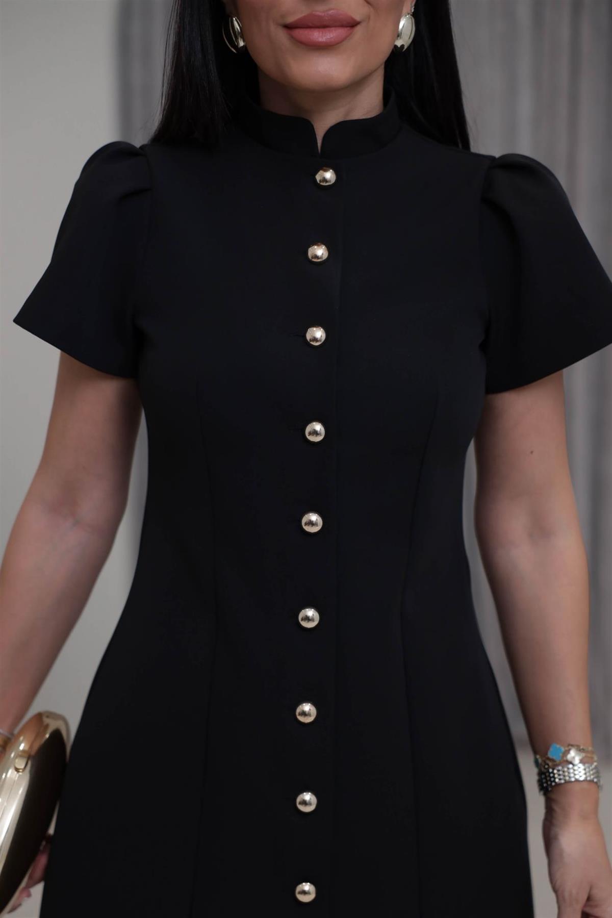 1283 Hakim Yaka Balon Kol Gold Düğmeli Mini Elbise SİYAH