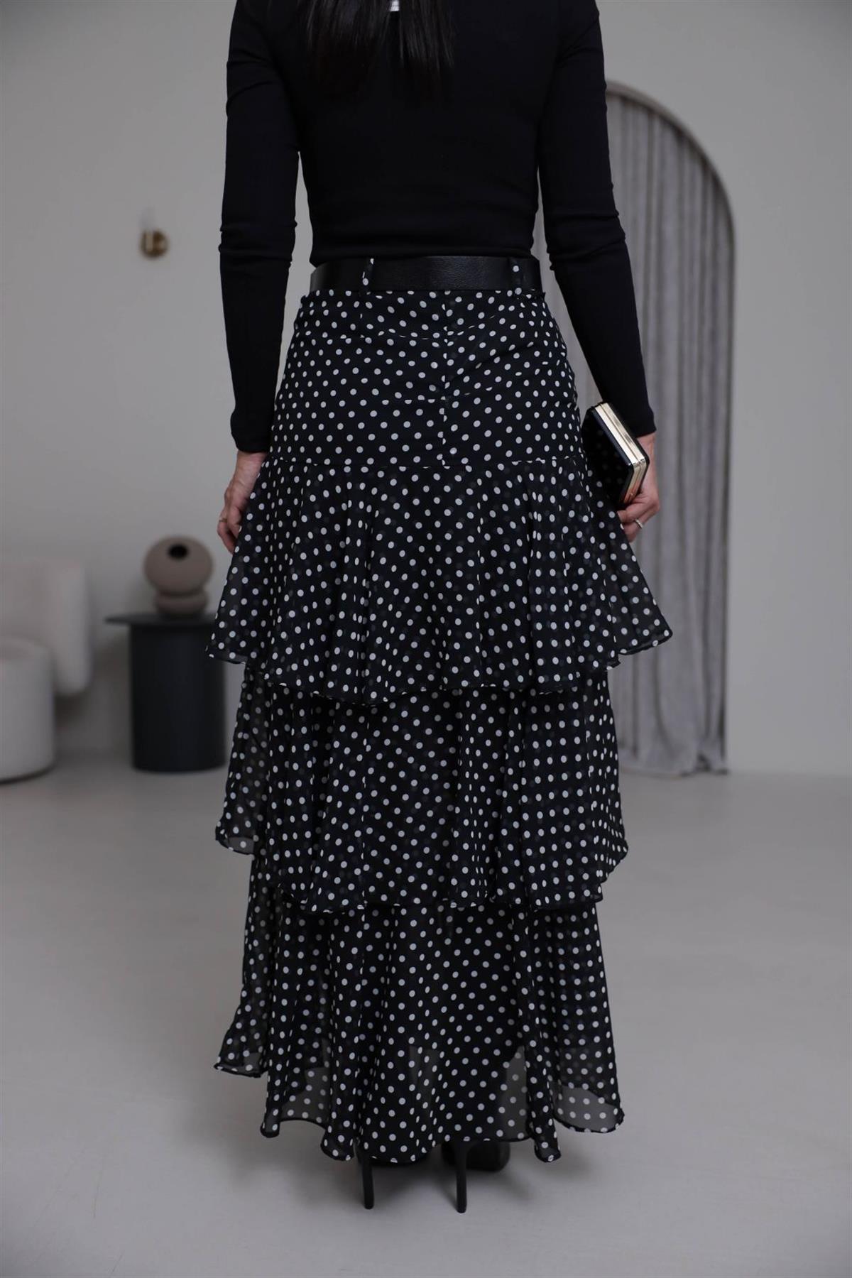 7218 Puantiyeli Kemerli Yırtmaçlı Şifon Etek SİYAH