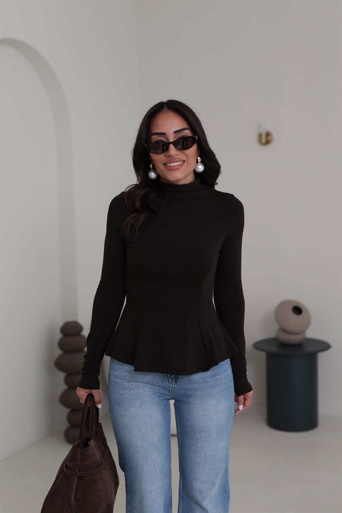 2038 Uzun Kollu Peplum Bluz ACI KAHVE