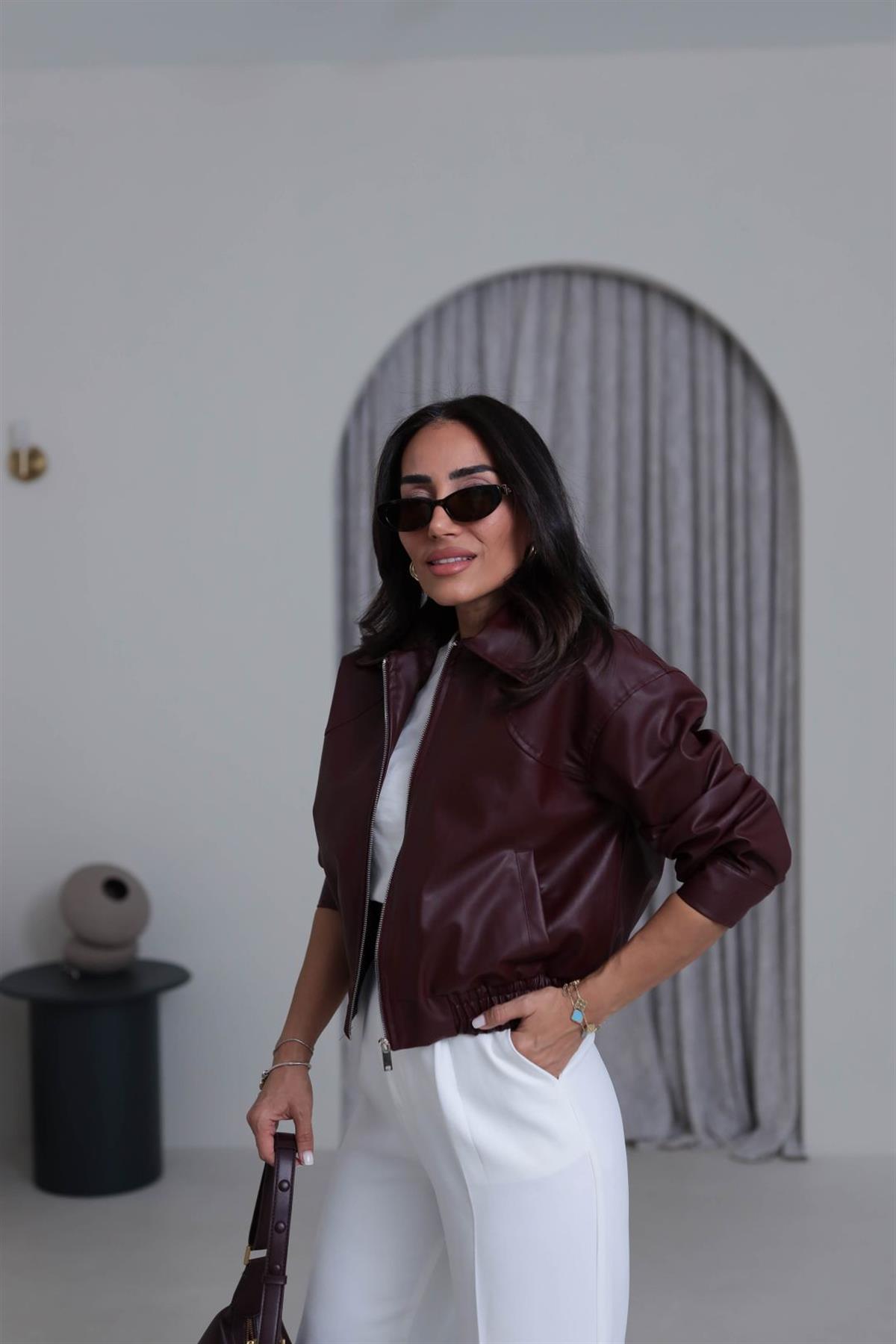 3128 Bel Lastikliı Suni Deri Bomber Ceket BORDO