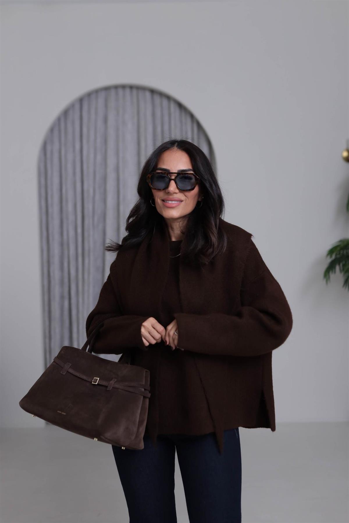 2567 Bisiklet Yaka Şal Detaylı Triko Kazak ACI KAHVE