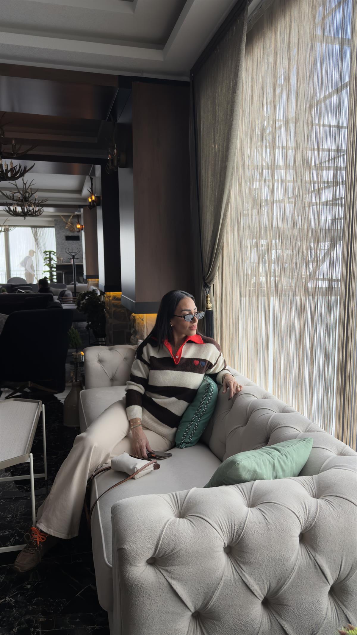 0139 Polo Yaka Düğmeli  Kalp Baskılı Triko Kazak ACI KAHVE