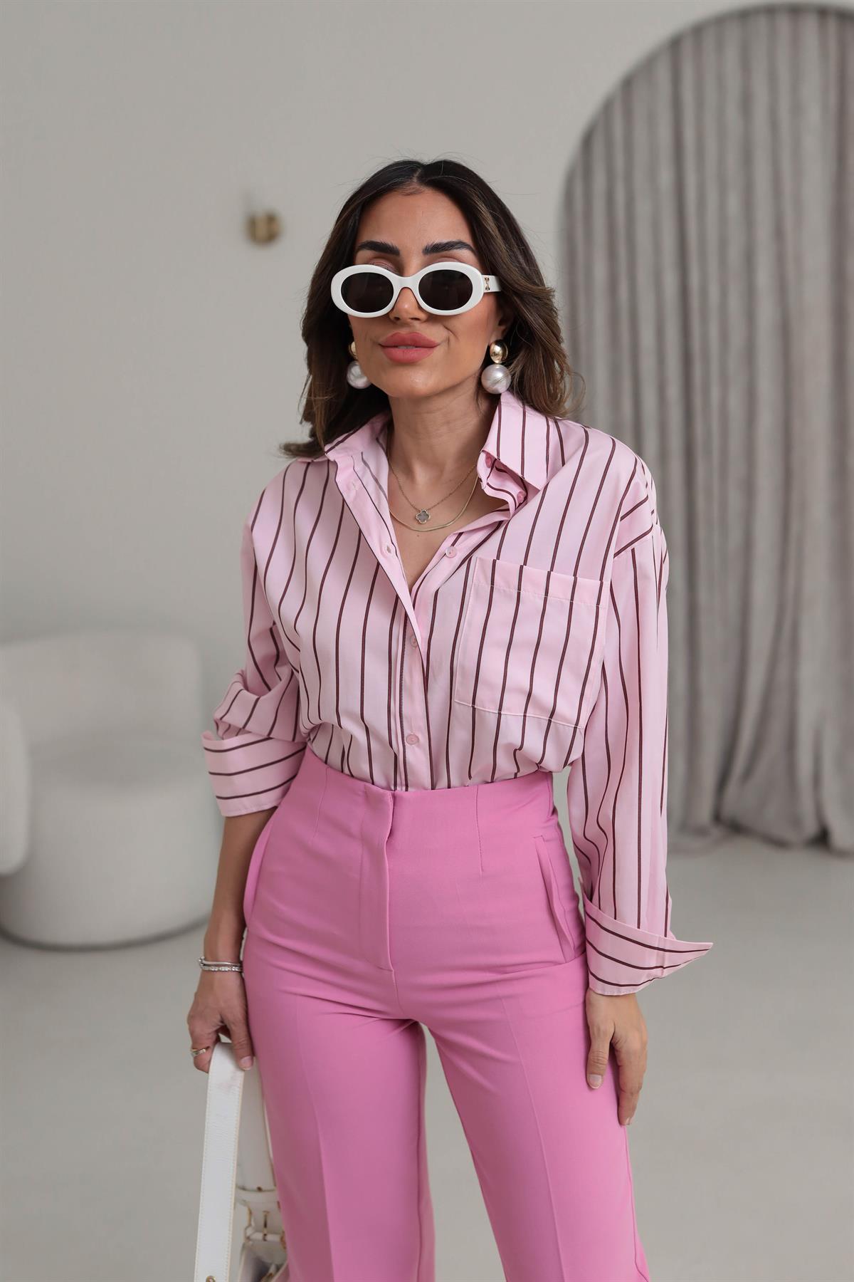 3142 Çizgili Cep Detaylı Poplin Gömlek PEMBE