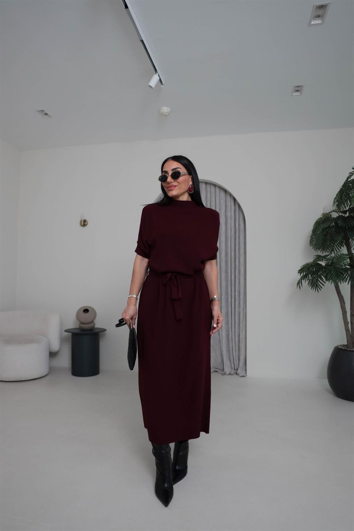 5265 Dik Yaka Kuşaklı Triko Elbise BORDO