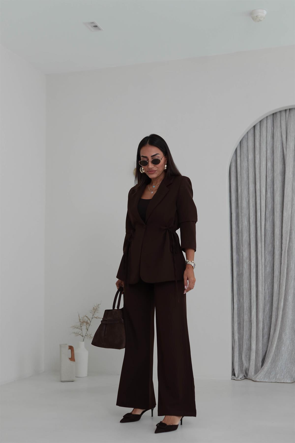 9241 Bağlamalı Oversize Ceketli Takım KAHVE