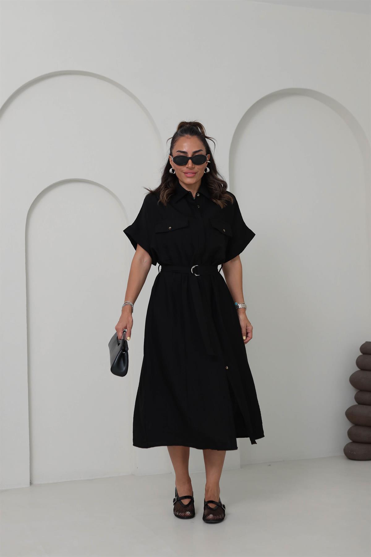 0236 Cep Kapaklı Kemerli Kısa Kol Gömlek Elbise SİYAH