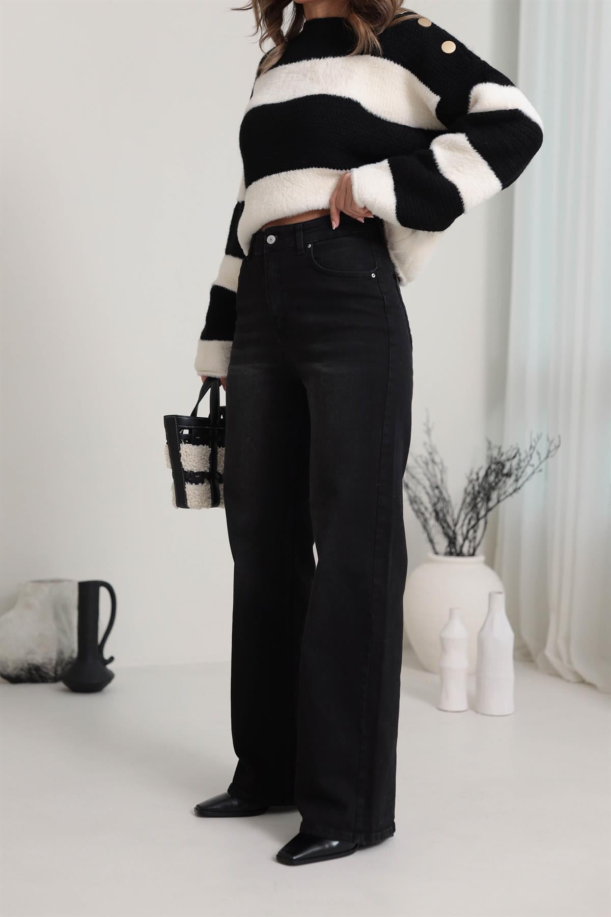 1071 Yüksek Bel Dökümlü Palazzo Jean YIKAMALI SİYAH