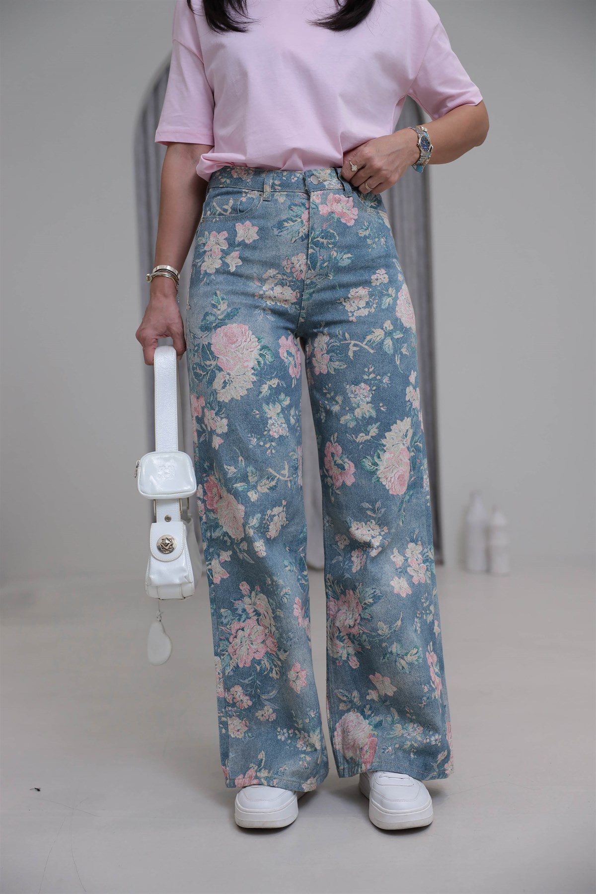 1033 Çiçek Desenli Yüksek Bel Kot Pantolon MAVİ