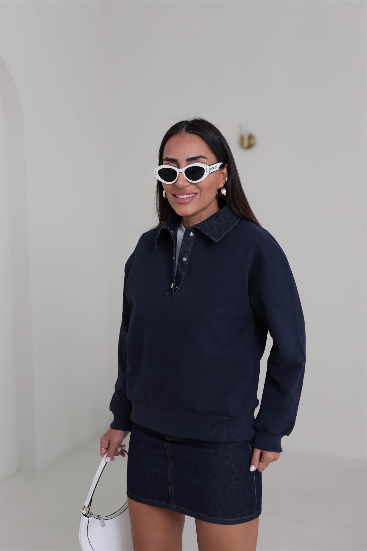 0178 Denim Yaka Tasarım Sweatshirt LACİVERT