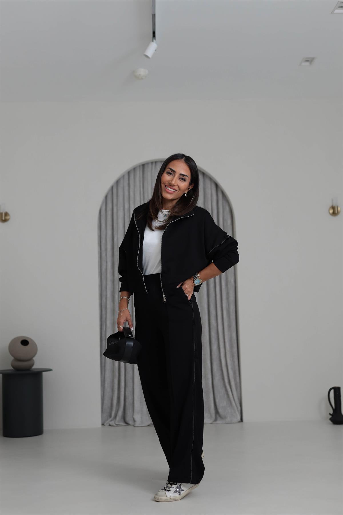 2378 Ceketi Fermuarlı Zincir Detay Modal Takım SİYAH