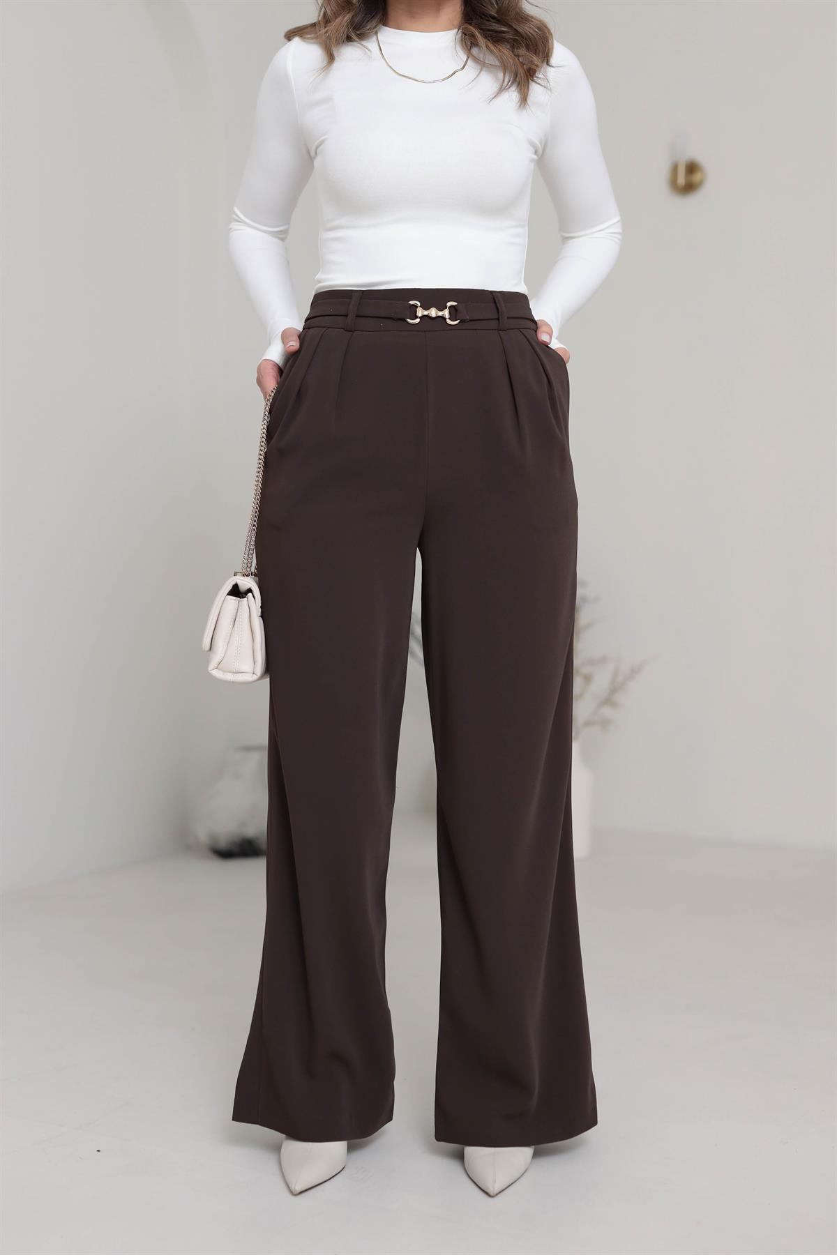 3704 Gold Aksesuarlı Bel Lastikli Salaş Pantolon KAHVE