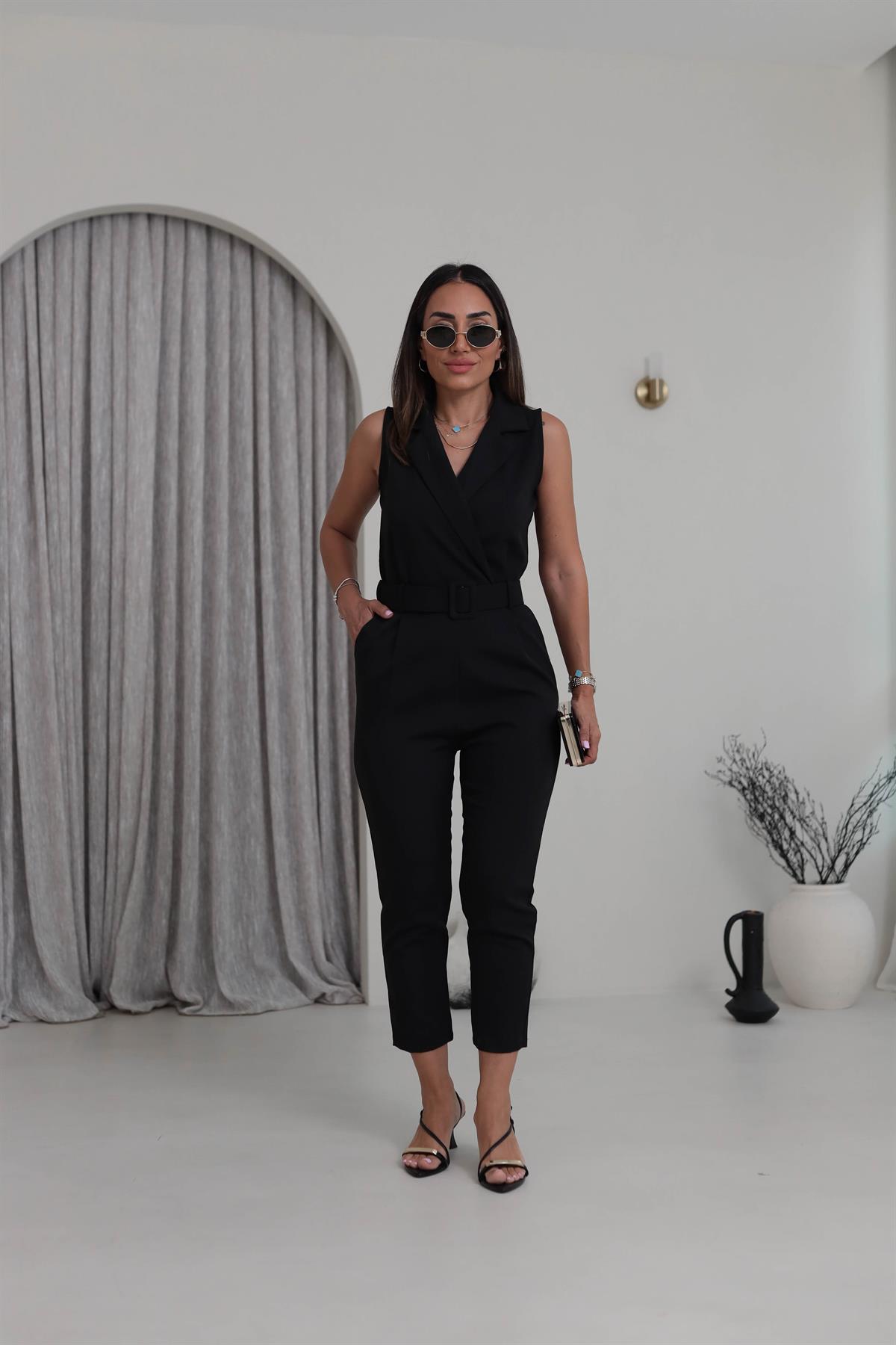 062 Kolsuz Kruvaze Kemerli Tulum SİYAH