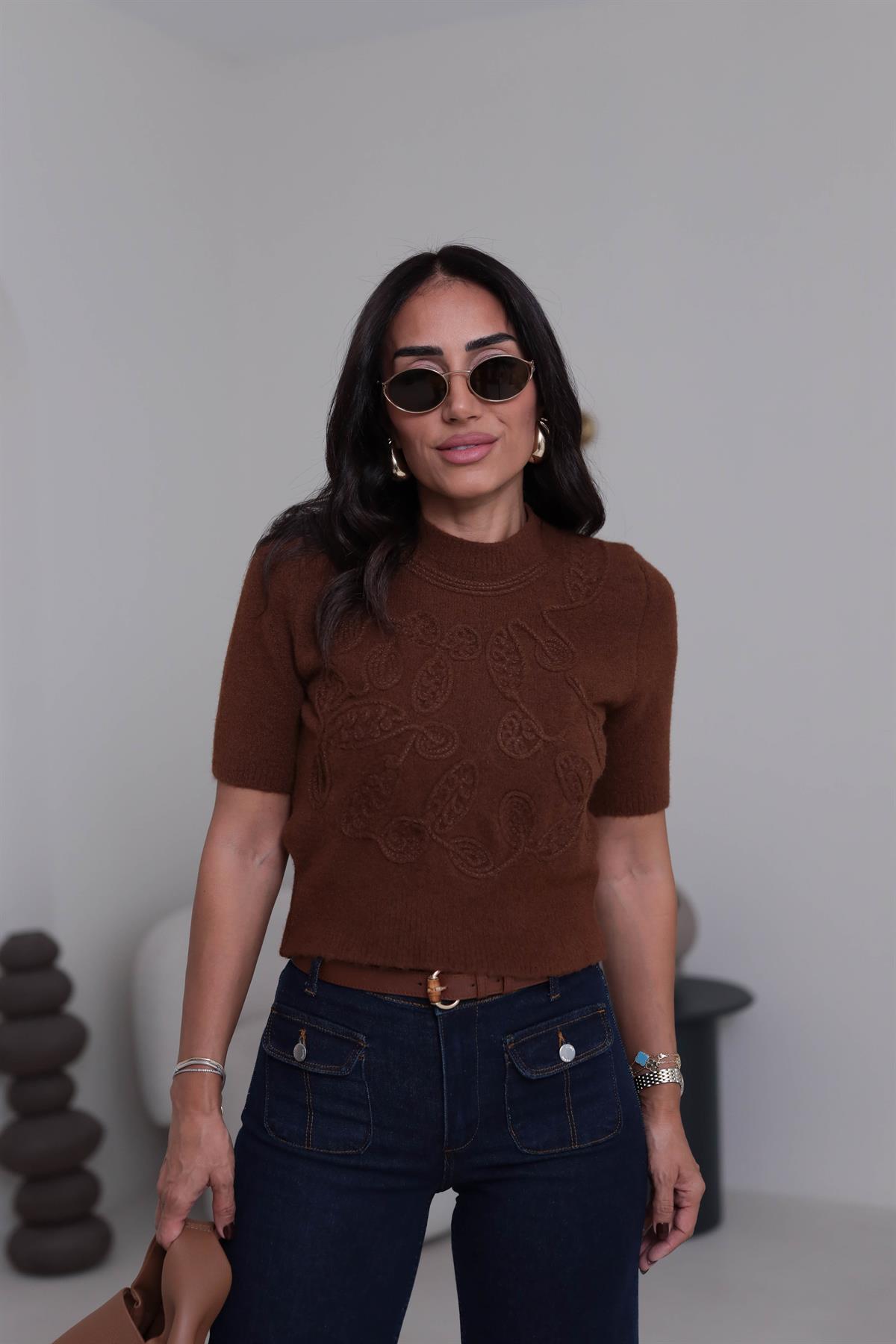 5021 Bisiklet Yaka İşleme Detaylı Kısa Kol Triko KAHVE