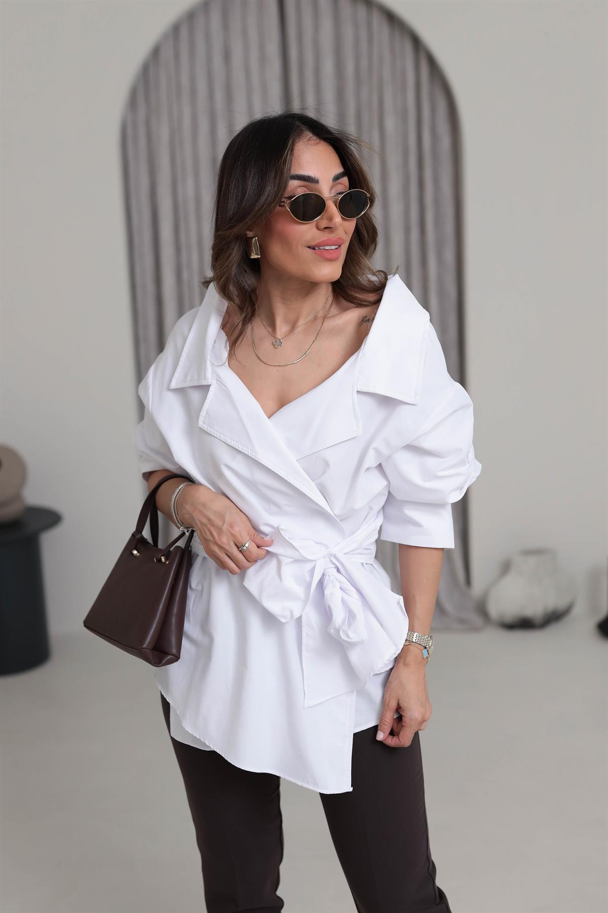 3165 Kruvaze Kuşaklı Poplin Gömlek Bluz BEYAZ