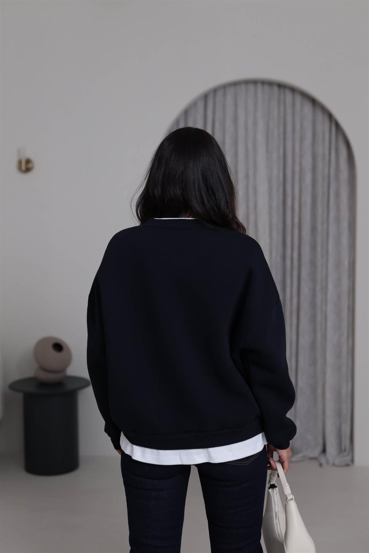 0612 Leopar Baskılı Şardonlu Garnili Sweatshirt LACİVERT