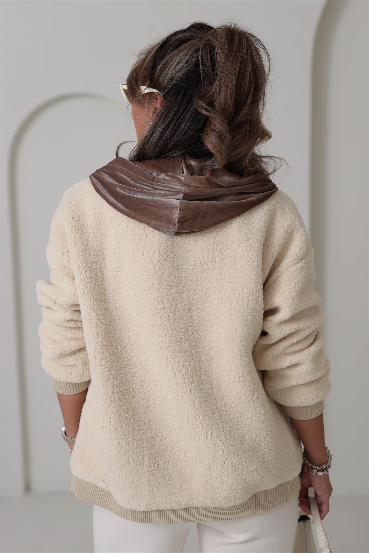 3525 Kadife Mixli Kapşonlu Peluş Mont