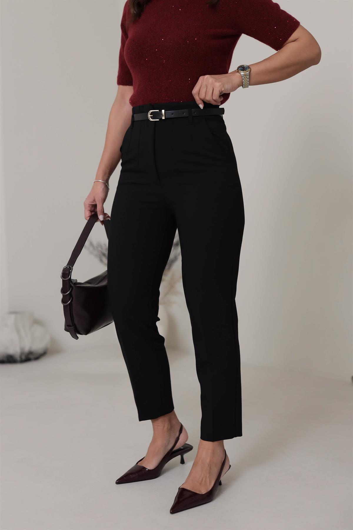 6546 Kemerli Kumaş Pantolon SİYAH