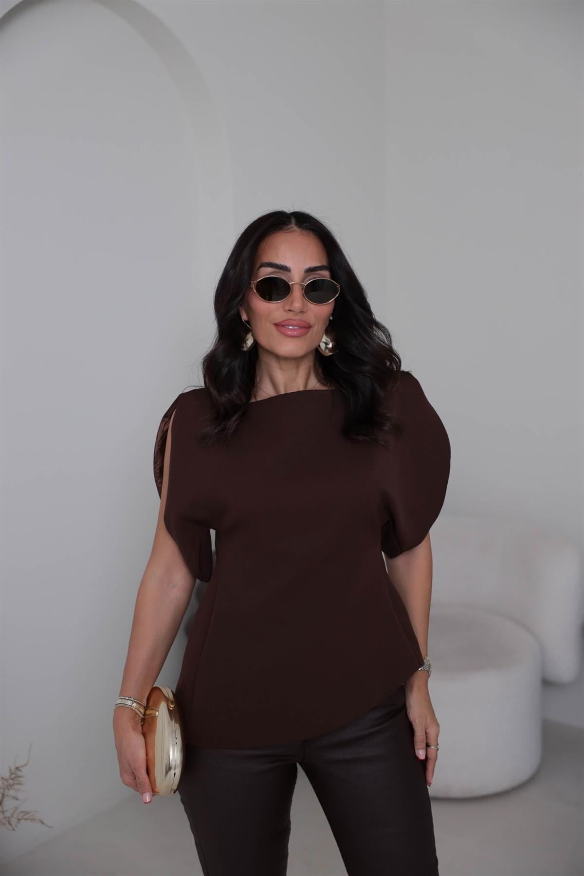 Balon Kol Asimetrik Bluz KAHVE