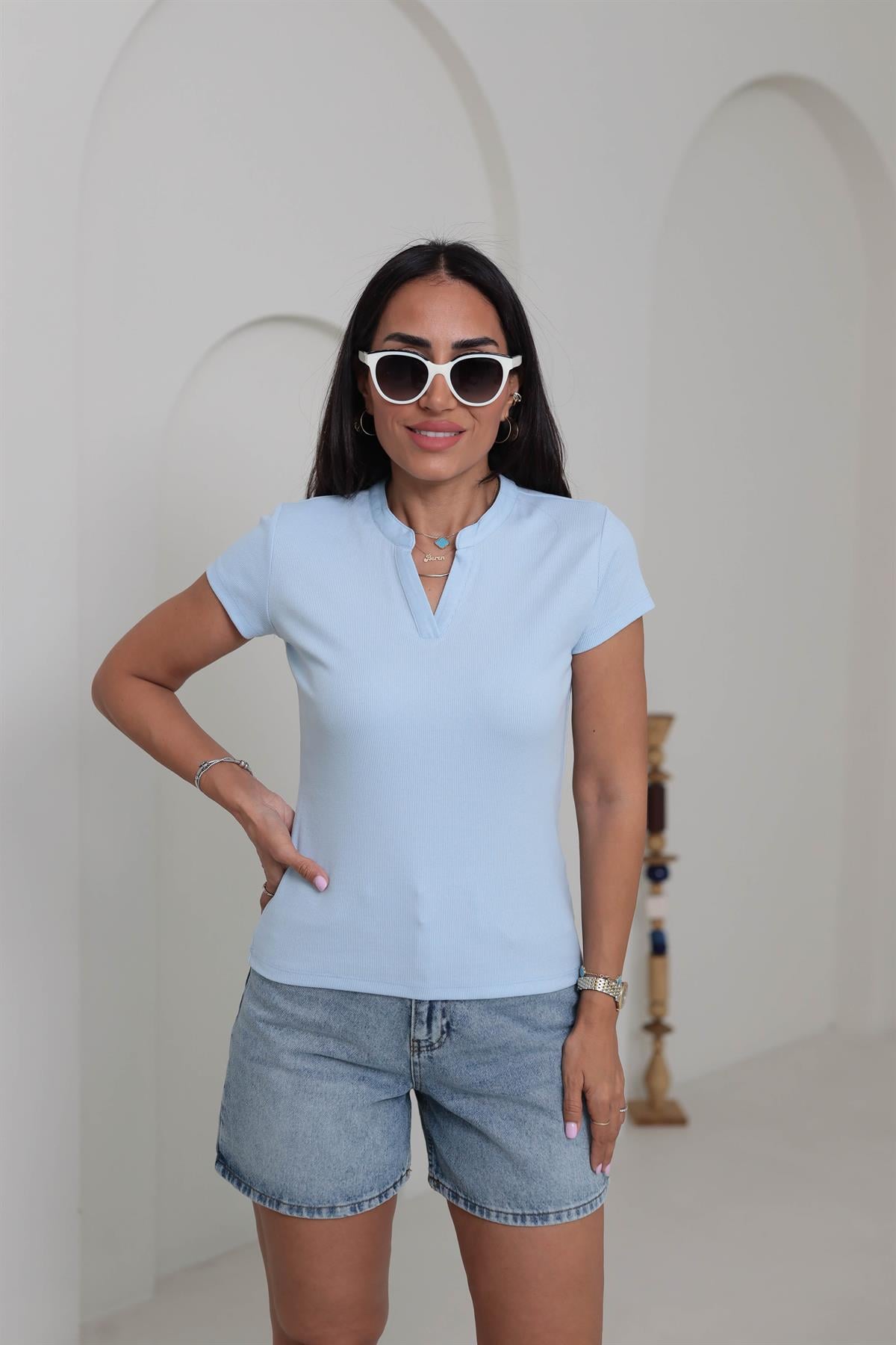 6773 Ribanalı V Yaka Kısa Kol Bluz BEBE MAVİ