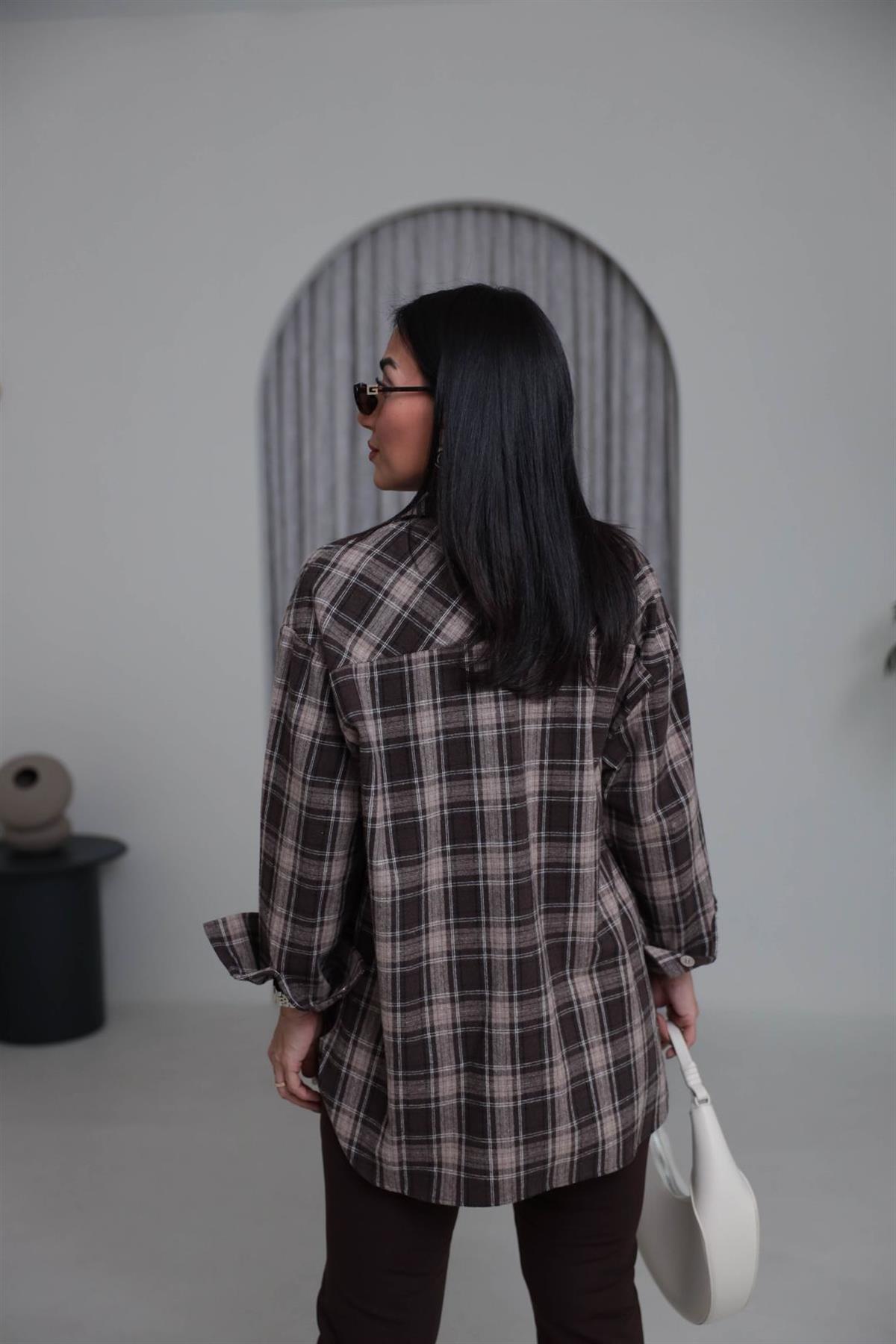 513 Ekose Desen Yünlü Rahat Gömlek KAHVE