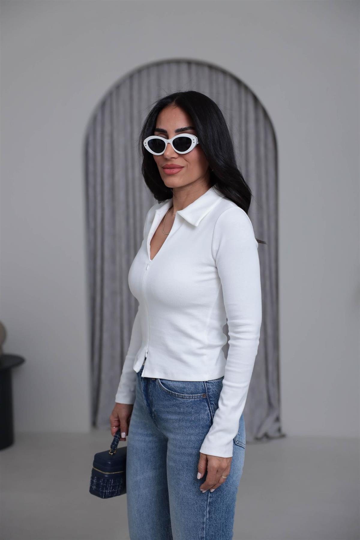 7246 Fermuar Detaylı Polo Yaka Bluz EKRU