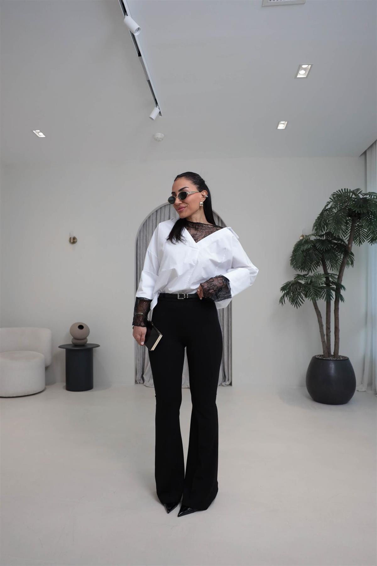 2076 Kemerli Yüksek Bel İspanyol Pantolon SİYAH