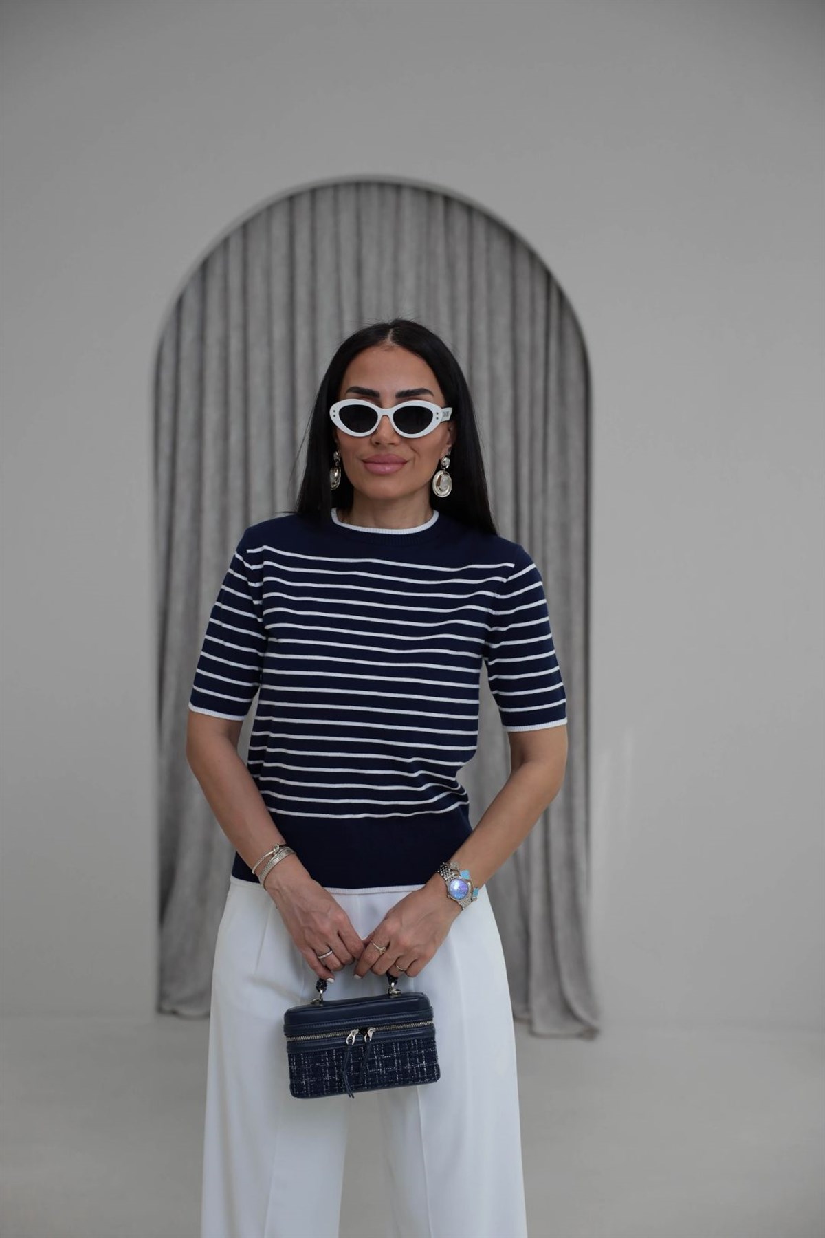 T-122 Çizgili Bisiklet Yaka Kısa Kol Triko Bluz LACİVERT