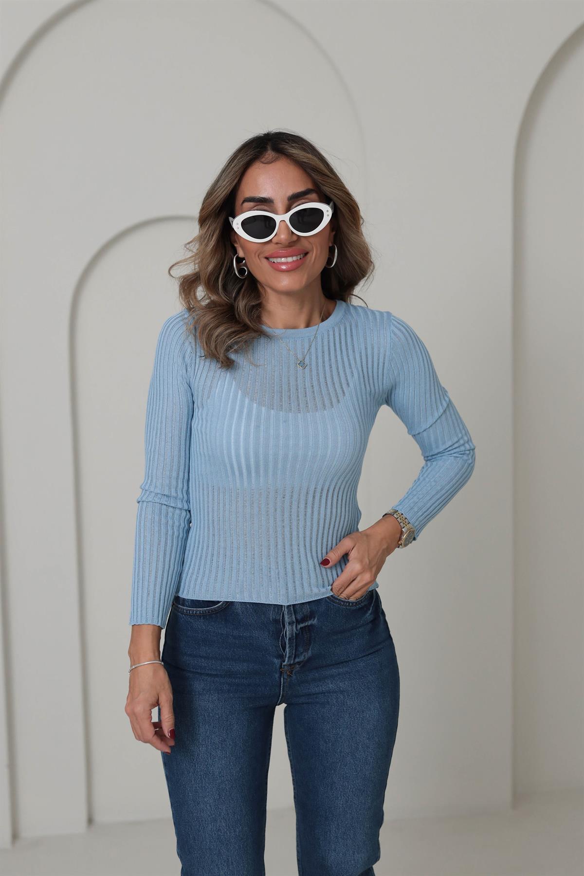 4107 Transparan Detaylı Triko Bluz BEBE MAVİ