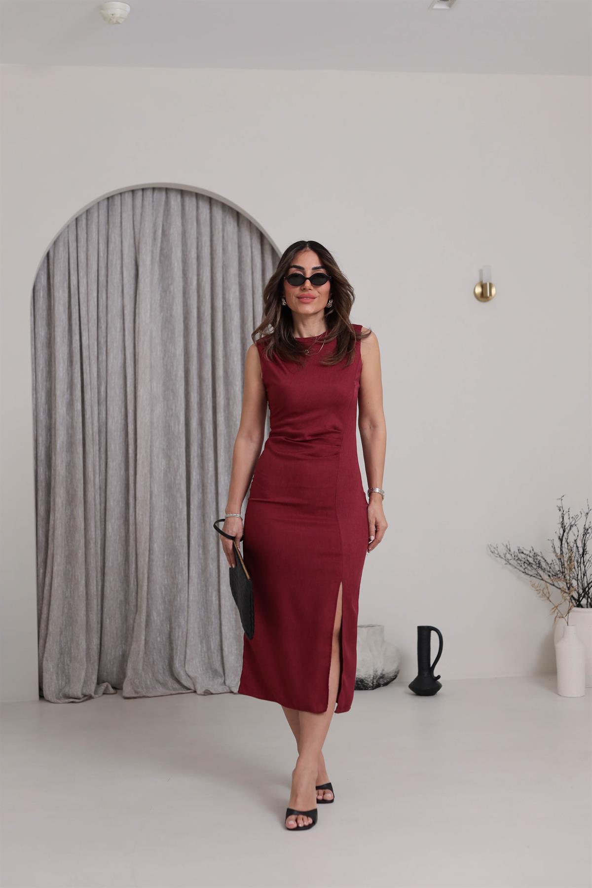 3724 Sıfır Kol Drape Detaylı Yırtmaçlı Elbise BORDO