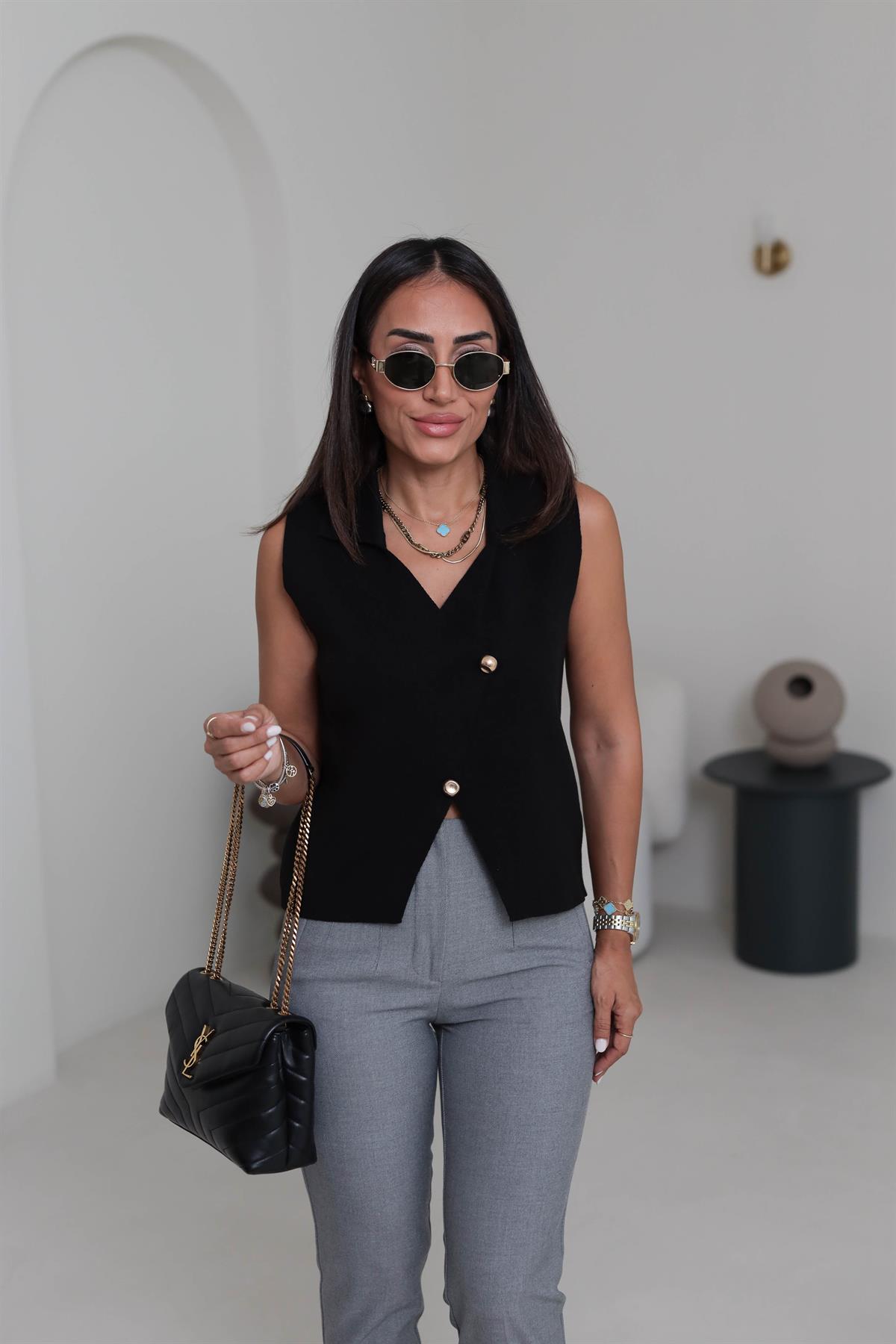 0070 Polo Yaka Çapraz Triko Yelek SİYAH