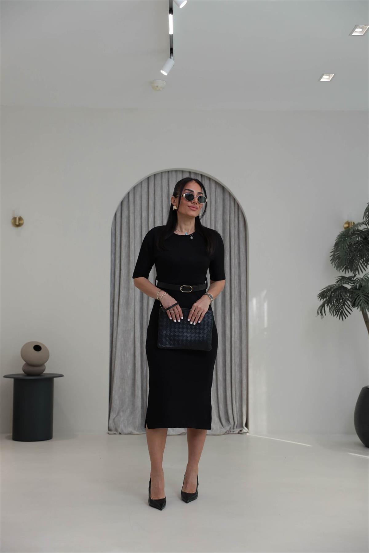 1484 Kemerli Modal Elbise SİYAH