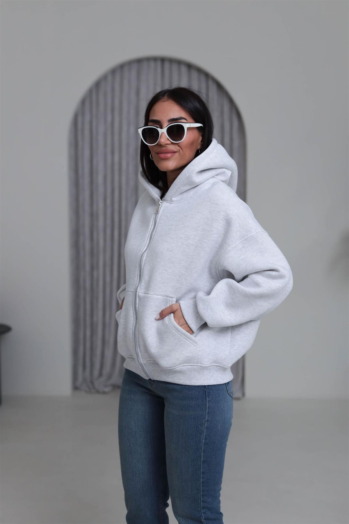 0822 Kapüşonlu Fermuarlı Şardonlu Sweatshirt GRİ