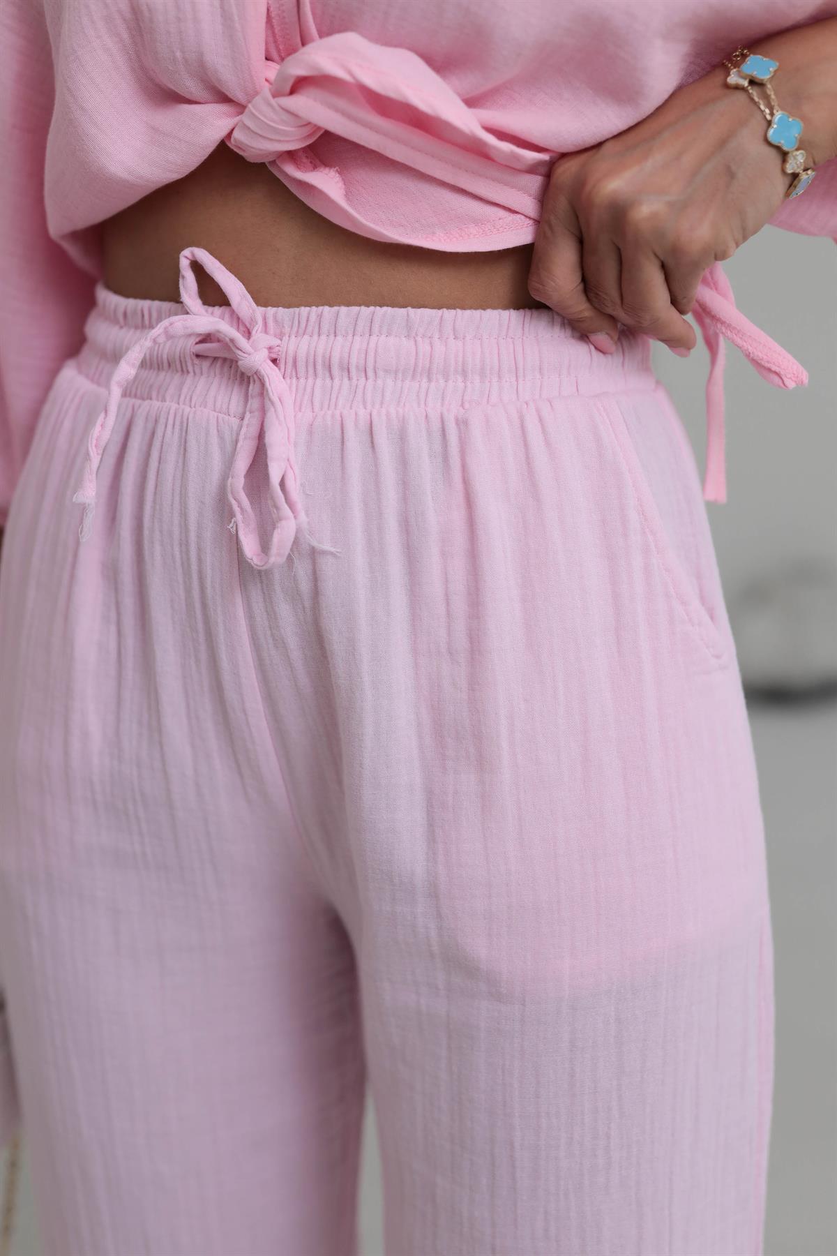0255Y Paçası Pensli Müslin Pantolon PEMBE